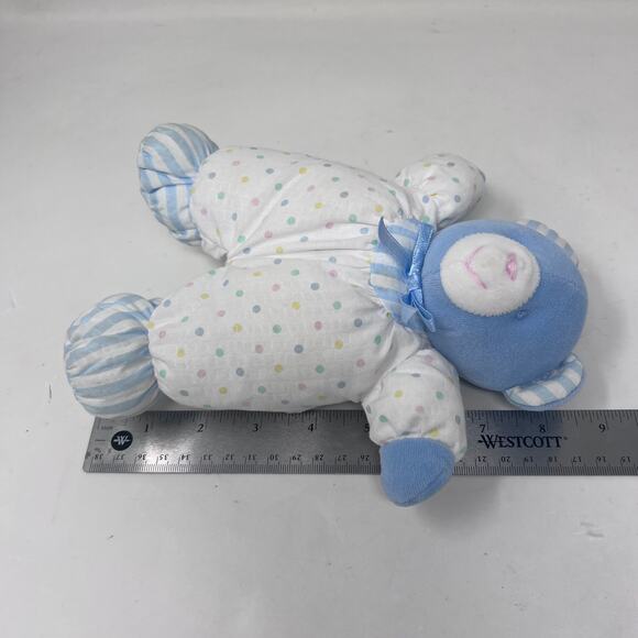 Vintage Eden Plush Teddy Bear Blue Velour Face Polka Dots Stripes Rattle Lovey - Picture 6 of 6